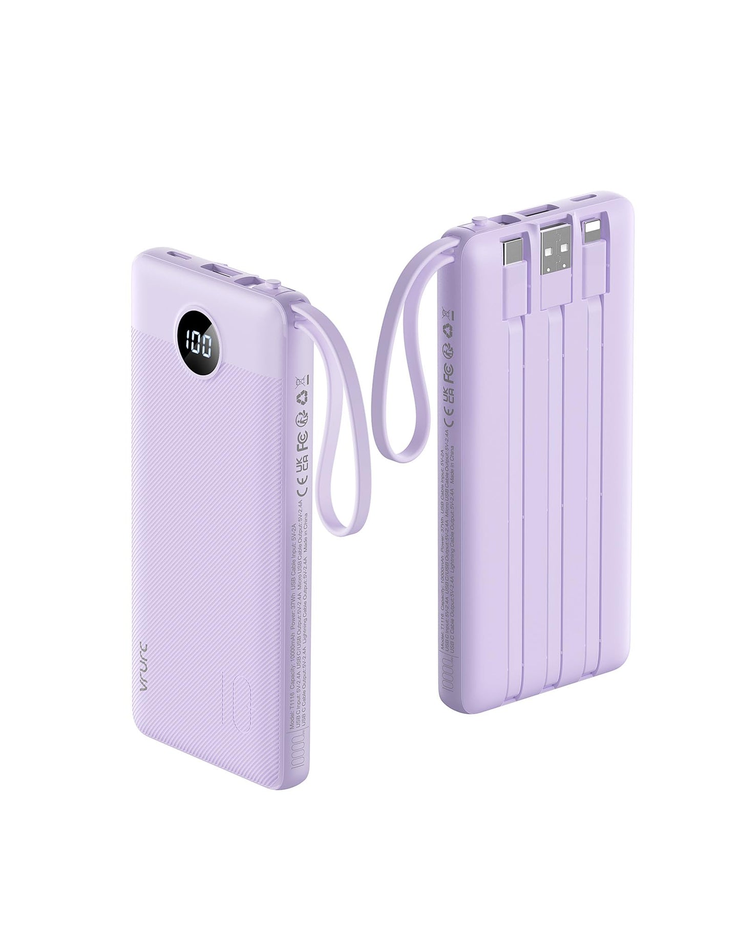 Vrurc Portable Charger Power Bank, 10000Mah Travel Essentials Battery Pack, 5 Outputs 2 Inputs Slim Charging Bank Built-In Cable