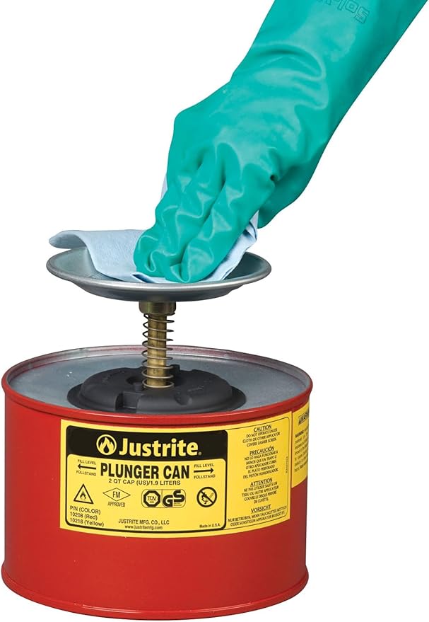 Justrite Plunger Can for Solvents, 2 Quarts Capacity, 7.4" x 7.25" Steel Push-Down Solvent Dispenser Can, Made in The USA Industrial Mechanic Tools, Red, 10208