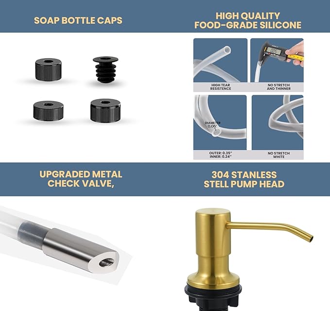 SBEN Built-in Kitchen Sink Soap Dispenser – Stainless Steel Pump, 17 oz Bottle and Extension Tube Kit 47", Upgraded Metal Check Valve, Countertop Hand Soap & Lotion Dispenser (Gold Brushed)