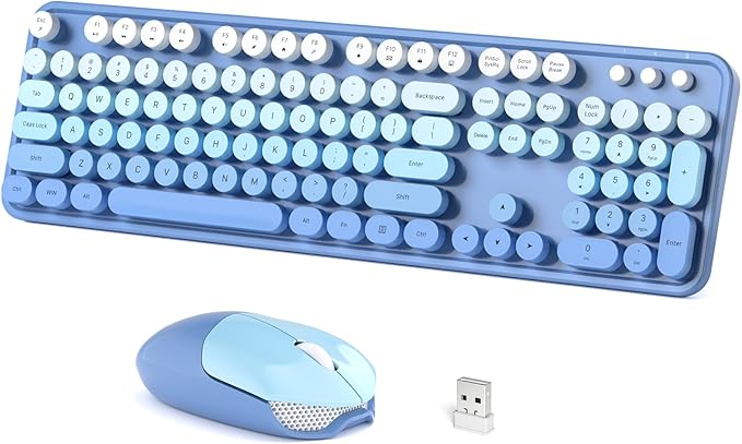 Wireless Keyboard Mouse Combo, Typewriter Full Size Keyboard with Number Pad and 2 in 1 USB Connected Mouse for Windows 7/8/10, Laptop, Desktop, PC, Computer (Blue)