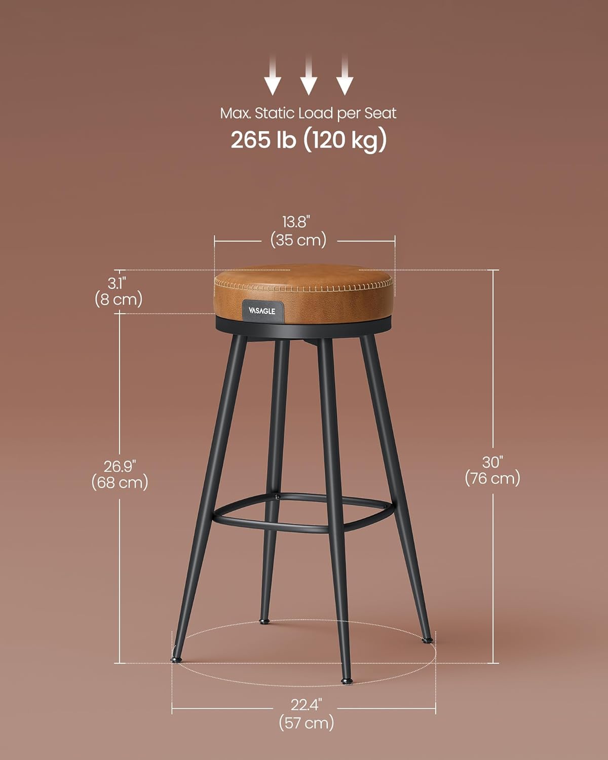 VASAGLE EKHO Collection - Swivel Bar Stools Set of 2, Bar Height Backless Bar Stools, Synthetic Leather with Stitching, Mid-Century Modern, 30-Inch Tall Kitchen Barstools for Home Bar, Caramel Brown