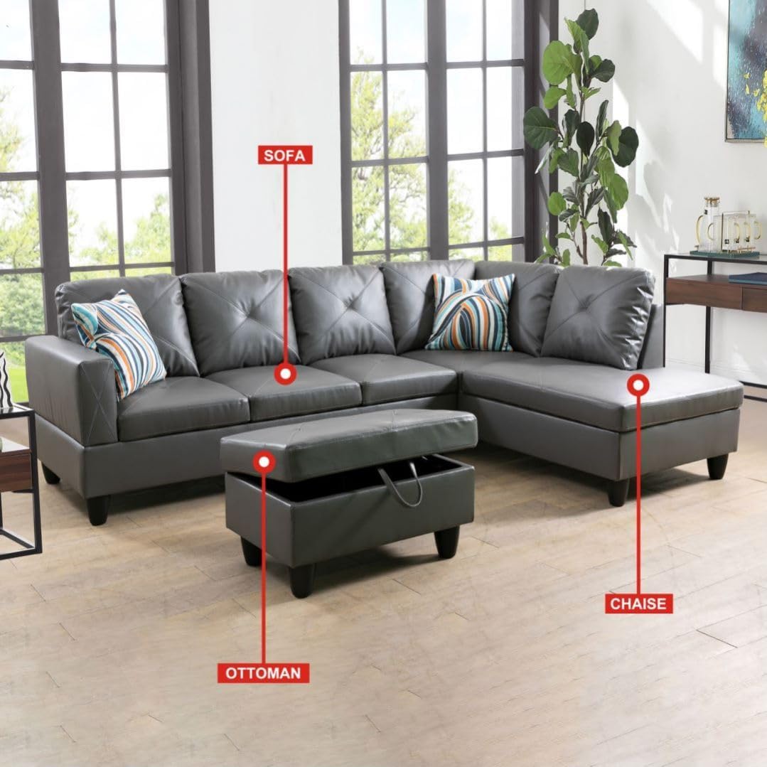 Dark Grey L-Shaped 3-Piece Faux Leather Sofa with Storage Ottoman Set, Sectional Couch Sofa Set for Living Room, Office, Small Space