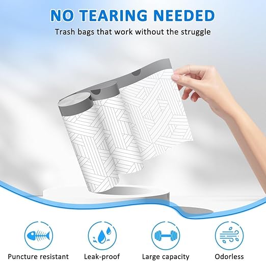 OKKEAI 2.6 Gallon Bathroom Small Trash Bags, White Drawstring Garbage Bags – 90 Count Tear-Free, Heavy Duty Printed Liners, Leak-Proof White Trash Bag for Kitchen, Office, Multipurpose Use