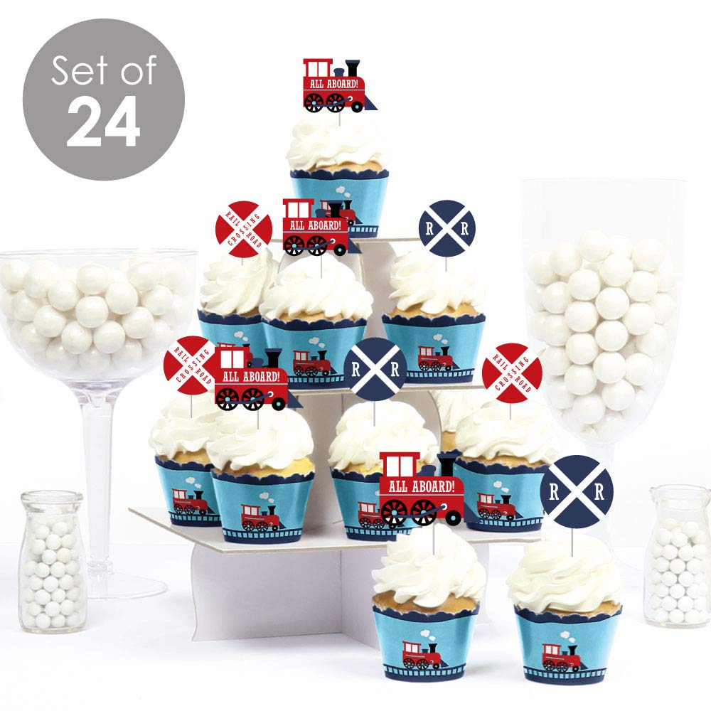 Big Dot of Happiness Railroad Party Crossing - Cupcake Decoration - Steam Train Birthday Party or Baby Shower Wrappers and Treat Picks Kit - Set of 24