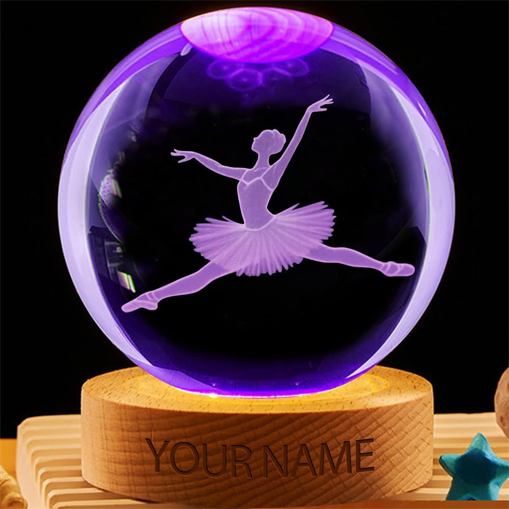 Personalized Ballet Crystal Night Light Gift for Women, Custom Name/Number Ballet Ballerina 3D Crystal Ball Night Light Lamp for Bedroom Room Dance Decor Party Bar Christmas Birthday Gift