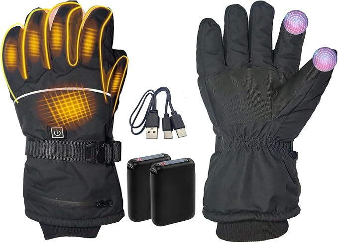 Popdan 5V 5000mAh Rechargeable Heated Gloves for Men Women Electric Heating Glove PU Waterproof & Touchscreen Ideal for Winter Outdoor Motorcycling, Skiing, Snowboarding, Fishing, Biking