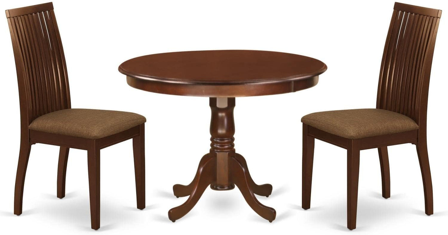 East West Furniture HLIP3-MAH-C 3 Piece Dining Room Furniture Set Contains a Round Dining Table with Pedestal and 2 Linen Fabric Upholstered Chairs, 42x42 Inch, Mahogany