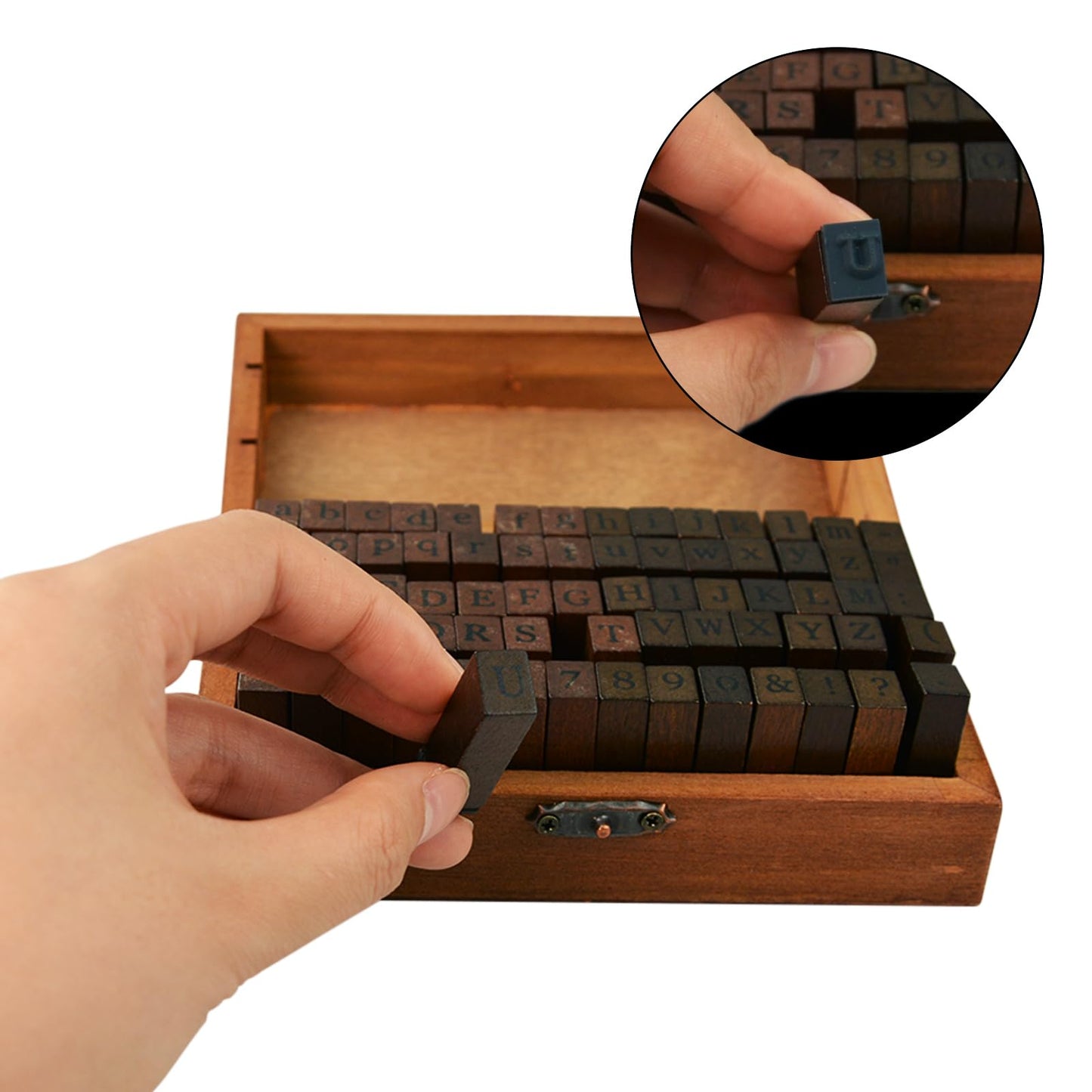 70Pcs Wood Letter Rubber Stamps, Vintage Capital Upper Lower Case Number Stamps Set with Wooden Box, Alphabet Stamper Seal Set for DIY Planner/Scrapbook/Card Making/Clay Crafts