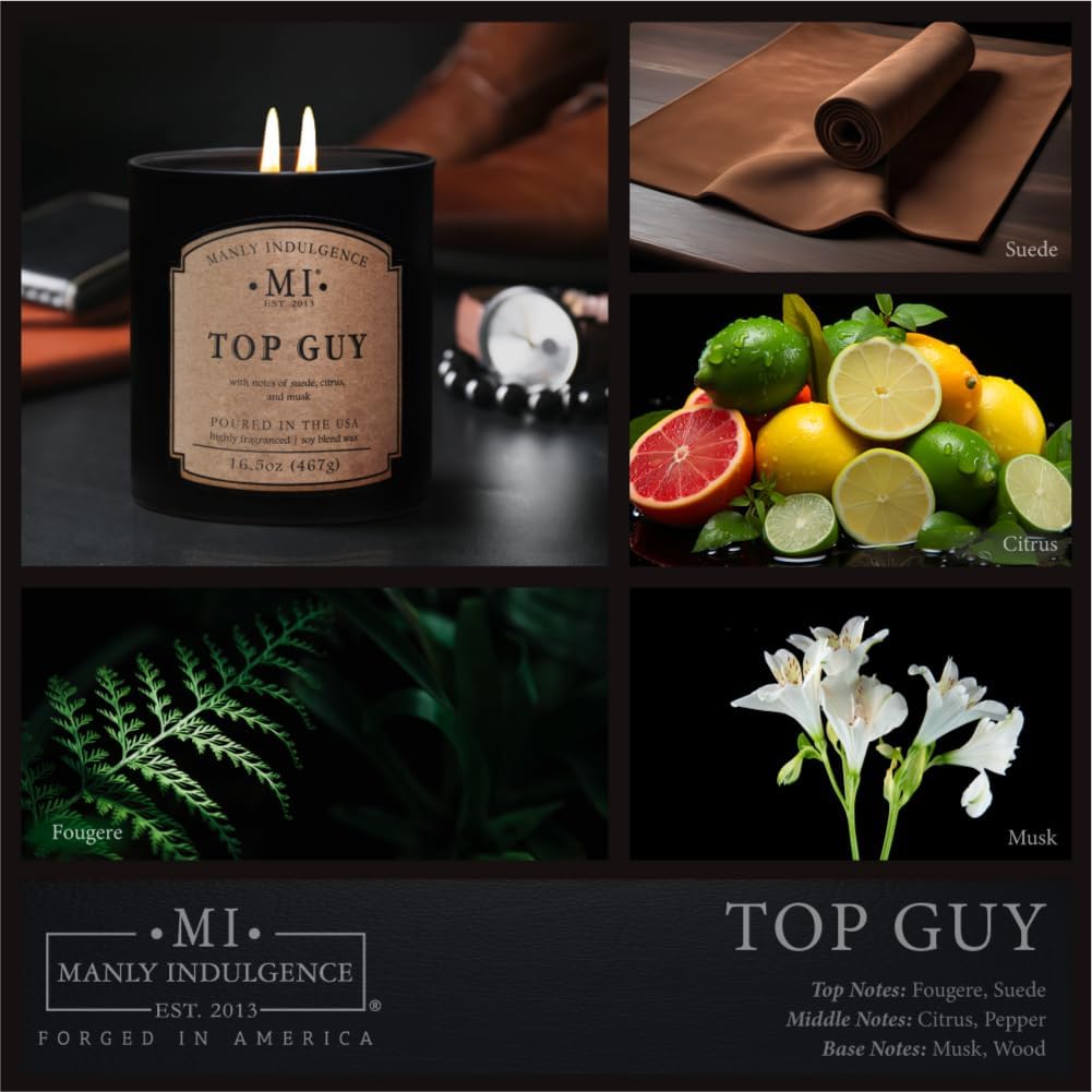 Manly Indulgence Top Guy Scented Candles for Men, 2 Wick, 16.5 oz, Premium Soy Blend Wax, 60H Burn, Candles for Home Scented - Made in The USA