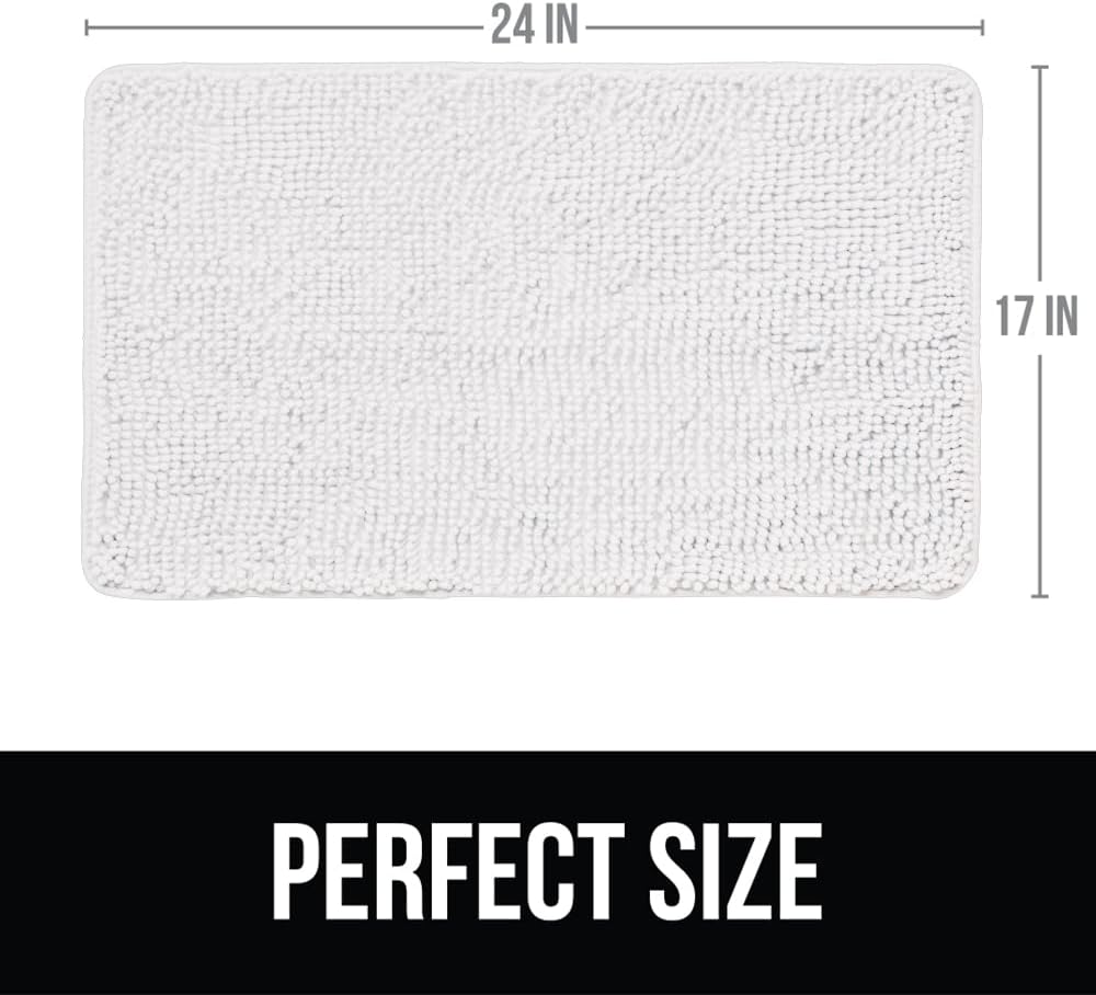 KANGAROO Bathroom Rugs, Chenille Soft Absorbent Bath Rug, Shaggy Shower Mat, Quick Dry Machine Wash Bathmat, Plush Carpet Mats for Tub, Bathtub and Room Home Decor Accessories, 24x17, White