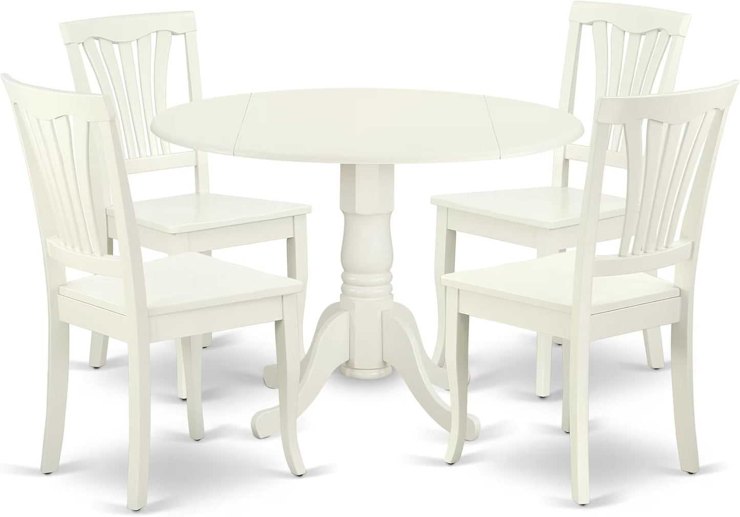 East West Furniture DLAV5-LWH-W 5 Piece Dining Set Includes a Round Dining Room Table with Dropleaf and 4 Wood Seat Chairs, 42x42 Inch, Linen White