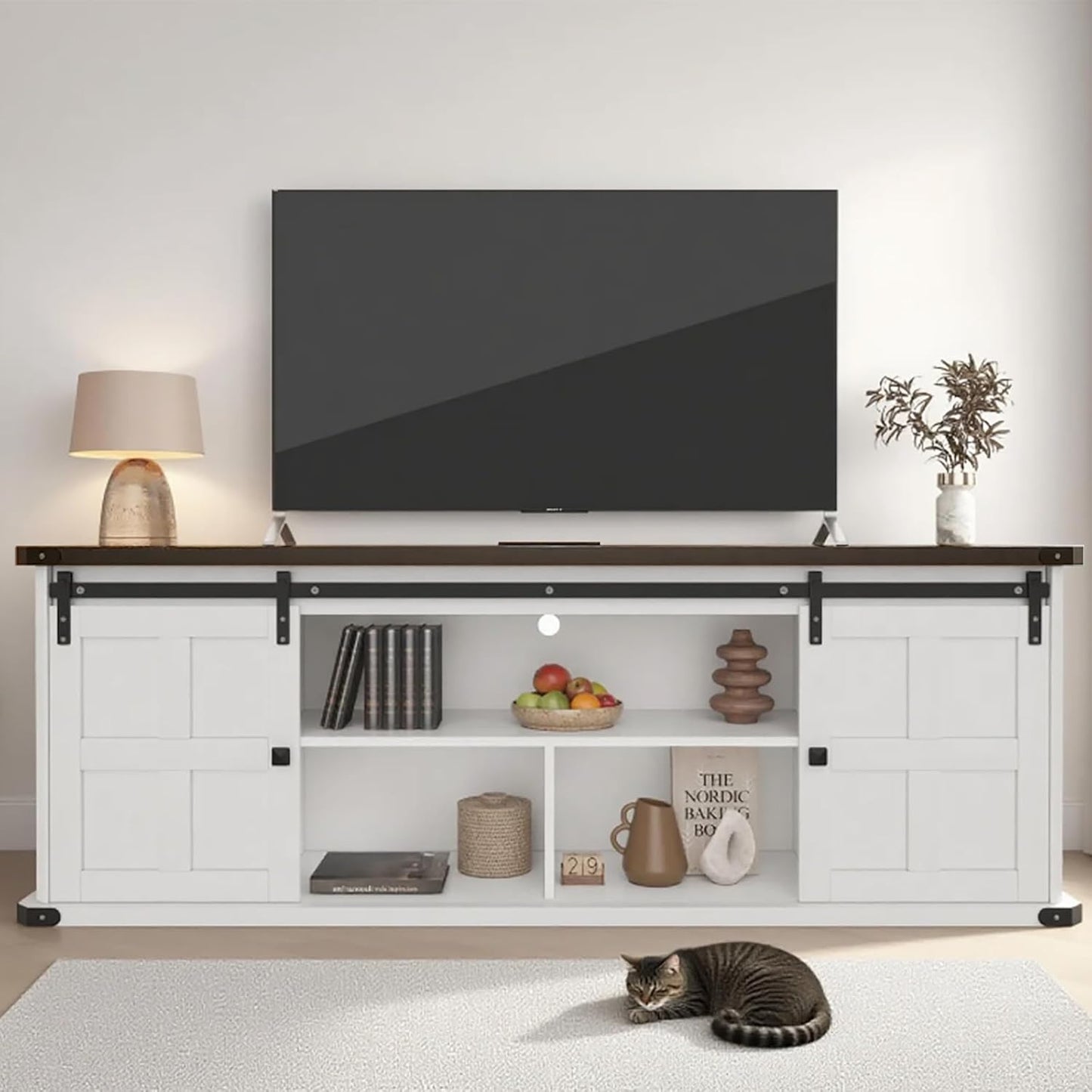 GAOMON 70" Farmhouse TV Stand for 80/75/70 Inch TVs,Entertainment Center Storage Cabinets w/Power Outlets and Sliding Barn Door,Rustic TV Stands for Living Room,Media Console Cabinet