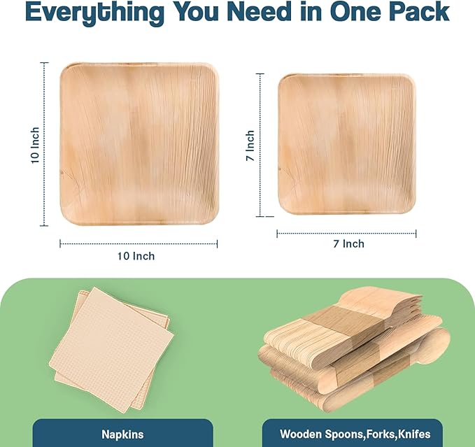 Palm Leaf Party Pack, Compostable, Biodegradable, Disposable, Sturdy, Eco-Friendly, Microwave Safe. 10'' & 7'' Square Plates, Wooden Cutlery & Napkins (For 25 People - 175 total items).