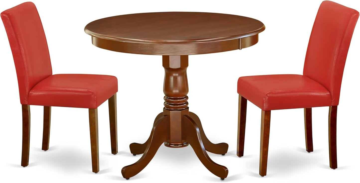 East West Furniture ANAB3-MAH-72 3 Piece Dinette Set for Small Spaces Contains a Round Kitchen Table with Pedestal and 2 Firebrick Red Faux Leather Parsons Chairs, 36x36 Inch, Mahogany
