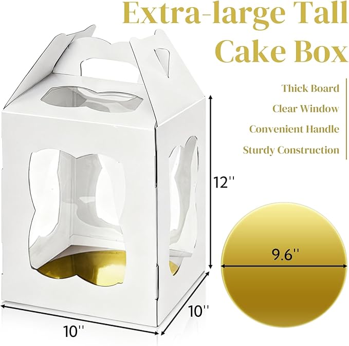 6 Pieces Tall Cake Boxes for Tier Cakes, 10''W x 10''L x 12''H Paper Bakery Carrier with Cake Board Window Handle, Disposable Large Layer Cake Safe Transport Box for Birthday, Wedding, Party