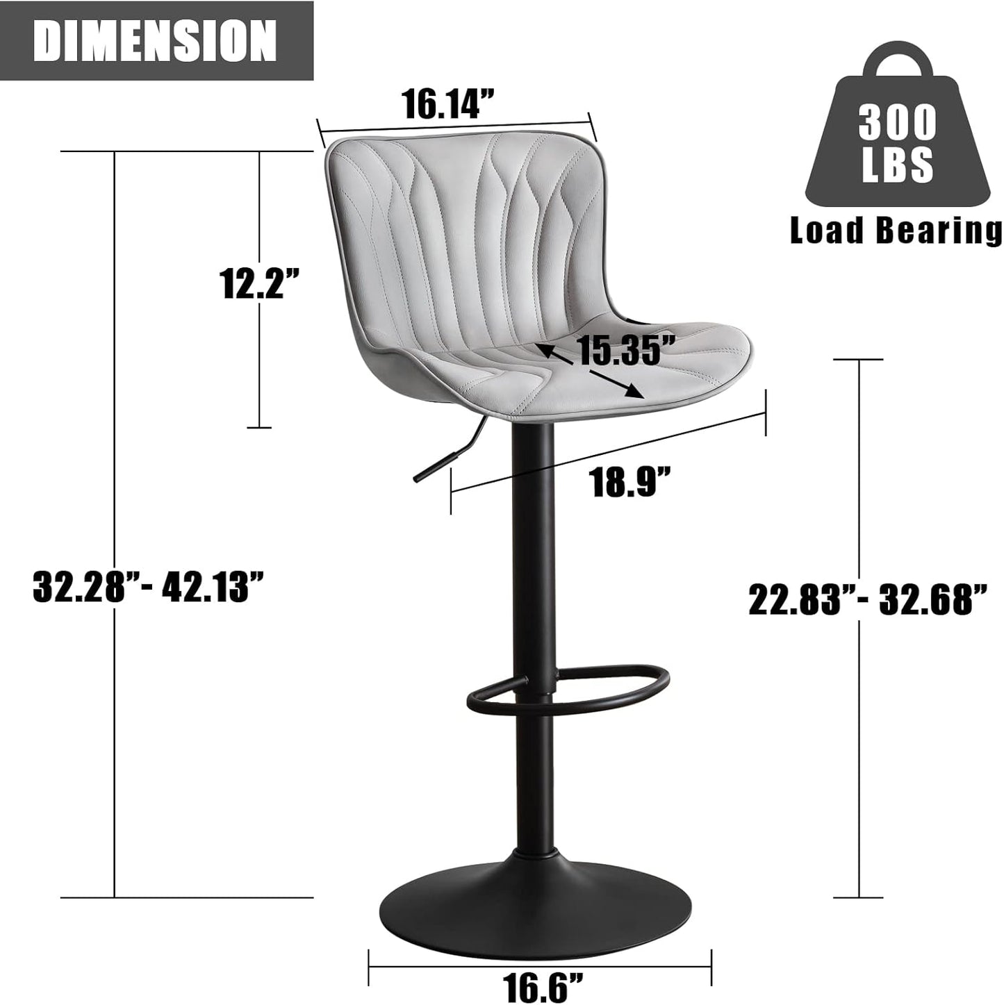 YOUNIKE Grey Bar Stools Set of 2 Modern Kitchen Counter Height Bar Chairs with Backs Faux Leather Upholstered Barstools Swivel Tall Adjustable Padded Breakfast Island Chair with Sturdy Metal Leg