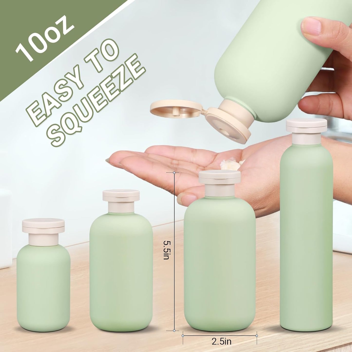 ASEVAT 10oz 4Pcs Green Plastic Refillable Travel Shampoo and Conditioner Bottles Plastic Refillable Travel Shampoo Bottles with Flip Cap Shampoo and Conditioner Dispenser