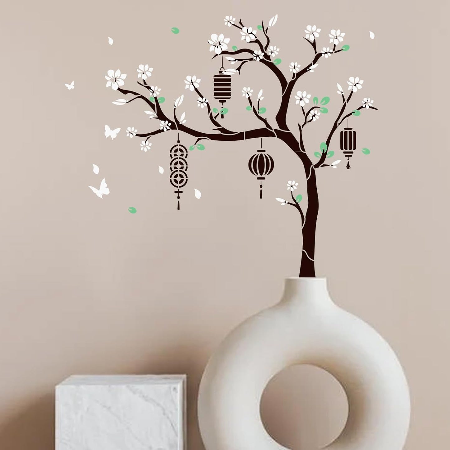 MAYJOYDIY 3pcs Chinese Style Tree Stencil 23.7×22 Splicing Large Traditional Flower Birds Tree Stencils with Paint Brush Spring Peach Blossom Lantern 11.8×11.8inch Template for Wood Walls Art Craft
