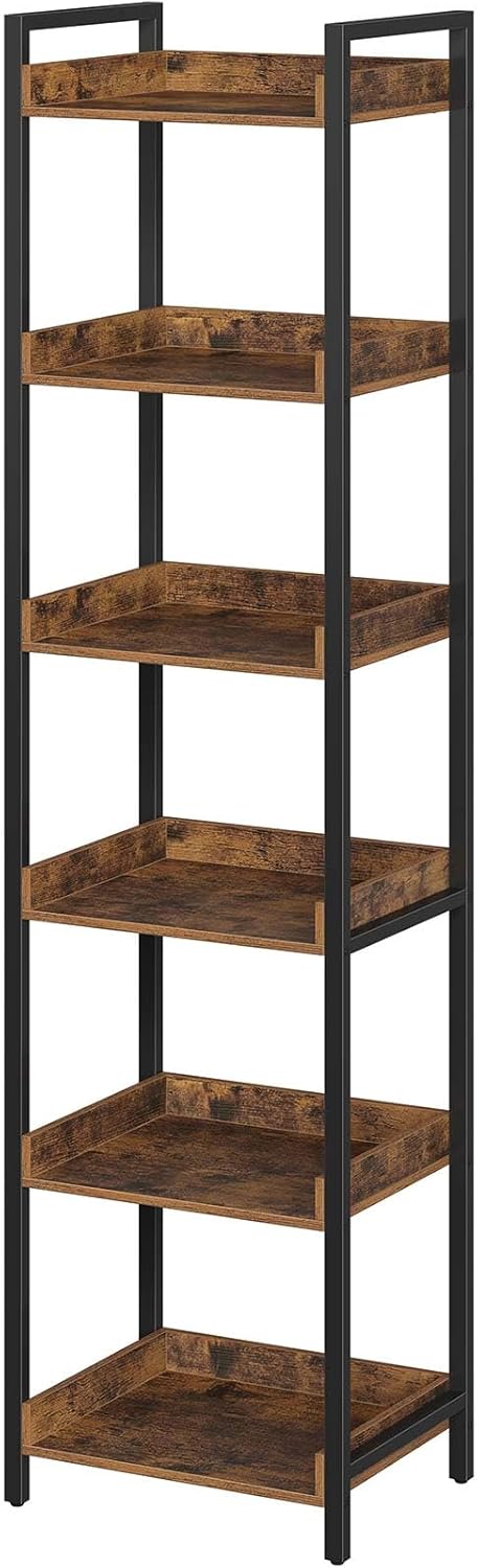 Rolanstar Bookshelf, 6-Tier Storage Rack, Narrow Corner Bookshelf, Display Wooden Shelves for Living Room, Bathroom, Balcony, Kitchen,Rustic Brown