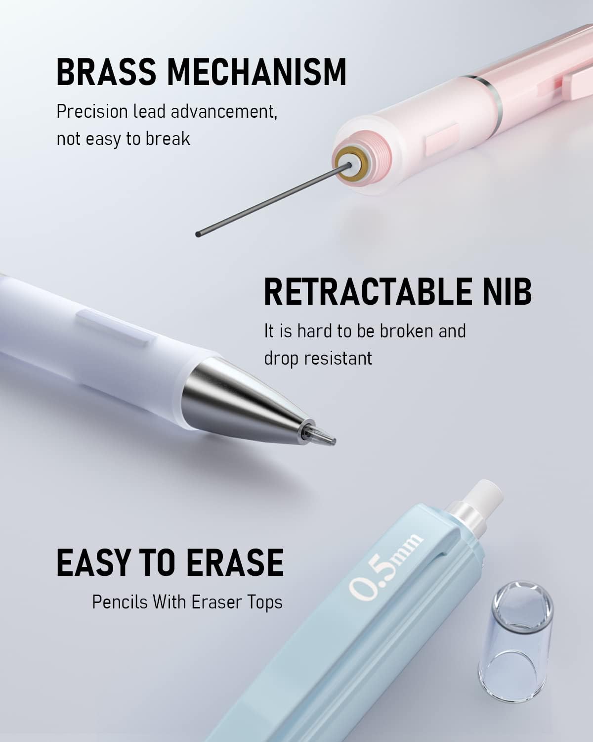 Nicpro 3PCS Pastel Mechanical Pencil Set, 0.5 Mechanical Pencils with 6 Tube HB Lead 0.5mm, 3 Eraser and 9 Eraser Refill & Case, Aesthetic School Supplies for Drafting Sketching, Drawing & Writing