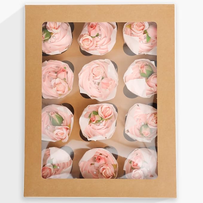 Bakepacker 12 Cupcake Containers 20-Packs Brown 12 Count Cupcake Boxes with Window Cupcakes Carrier, 13"x10"x3.5"（Auto-pop up）