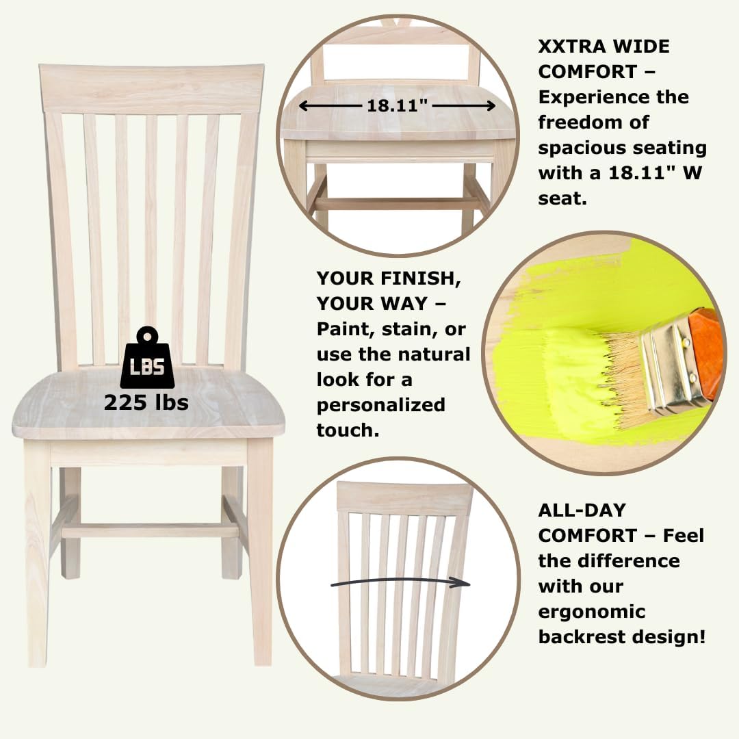 IC International Concepts Set of 2 Tall Mission Chairs Real/Solid Parawood, Kitchen/Dining/Accent, 18.1"W x 22.05"D x 40.16"H, 225 Lbs Wt. Capacity, DIY, Stain/Paint in Any Color, Unfinished
