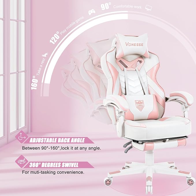 Vonesse Pink Gaming Chair, Big and Tall Gaming Chair with Footrest and Massage, Gaming Chairs for Adults with Lumbar Support, Ergonomic High Back Computer Chair with Pocket Spring Cushion (White/Pink)