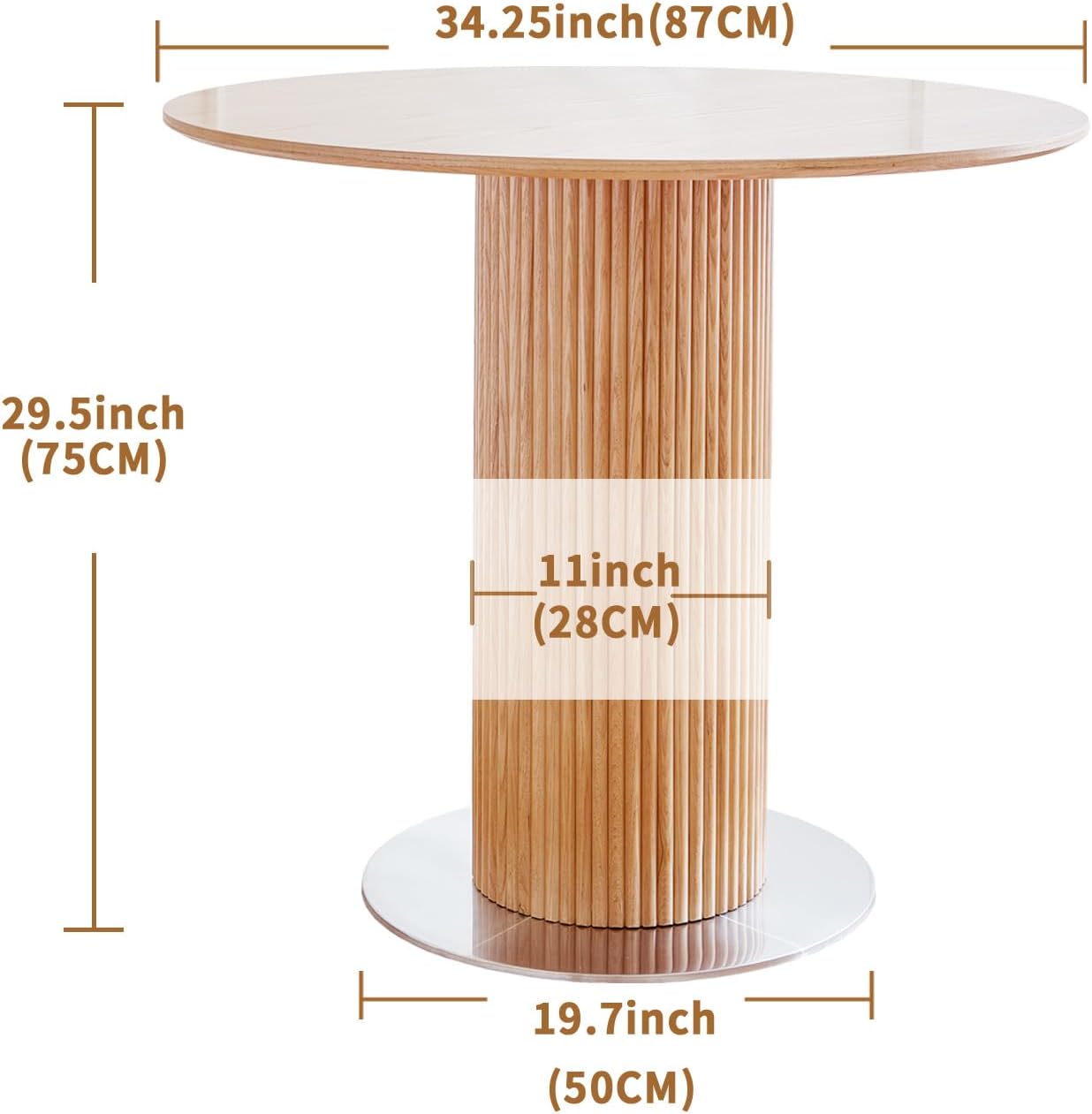 Round Wood Dining Table，Wooden Trestle Pedestal Base on Stainless Steel Plate，Small Space Kitchen Table，34.25" Modern Circular Tabletop for Kitchen, Dining Room, Restaurant，Cafe (Natural)
