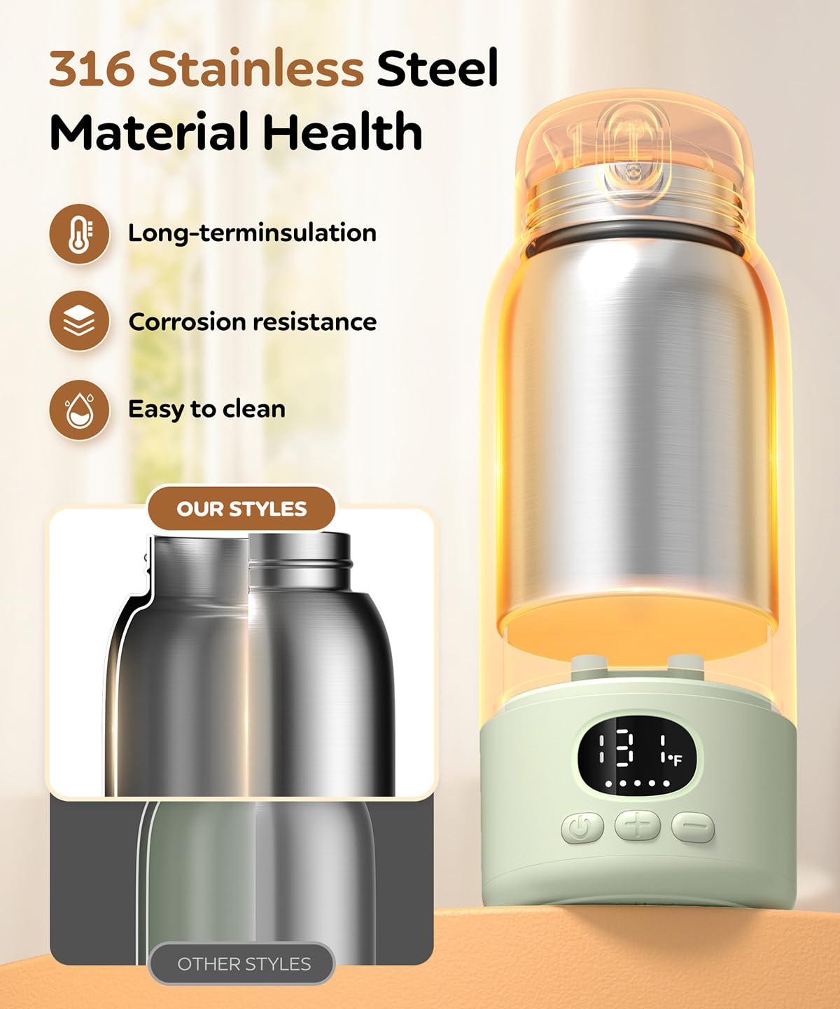 Portable Bottle Warmer 17oz Large Capacity Bottle Warmer for Travel, Fast Heating for Breast Milk Formula and Milk, Suitable for Baby Outdoor Airplane and Car Green5