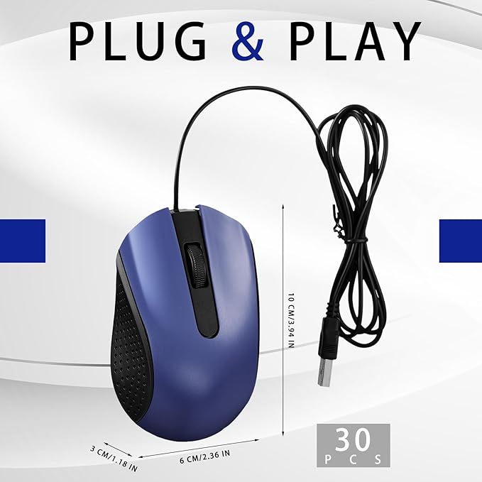 Bonuci 30 Pack USB Wired Mouse 3 Button Corded Computer Mice Bulk USB Mouse for PC Desktop, Laptop, Office, School, Classroom Use(Blue)
