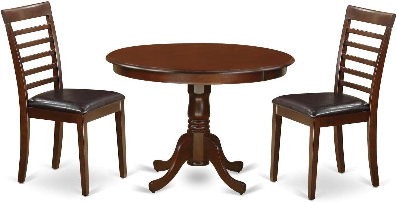 East West Furniture HLML3-MAH-LC 3 Piece Dining Table Set for Small Spaces Contains a Round Dining Room Table with Pedestal and 2 Faux Leather Upholstered Chairs, 42x42 Inch, Mahogany