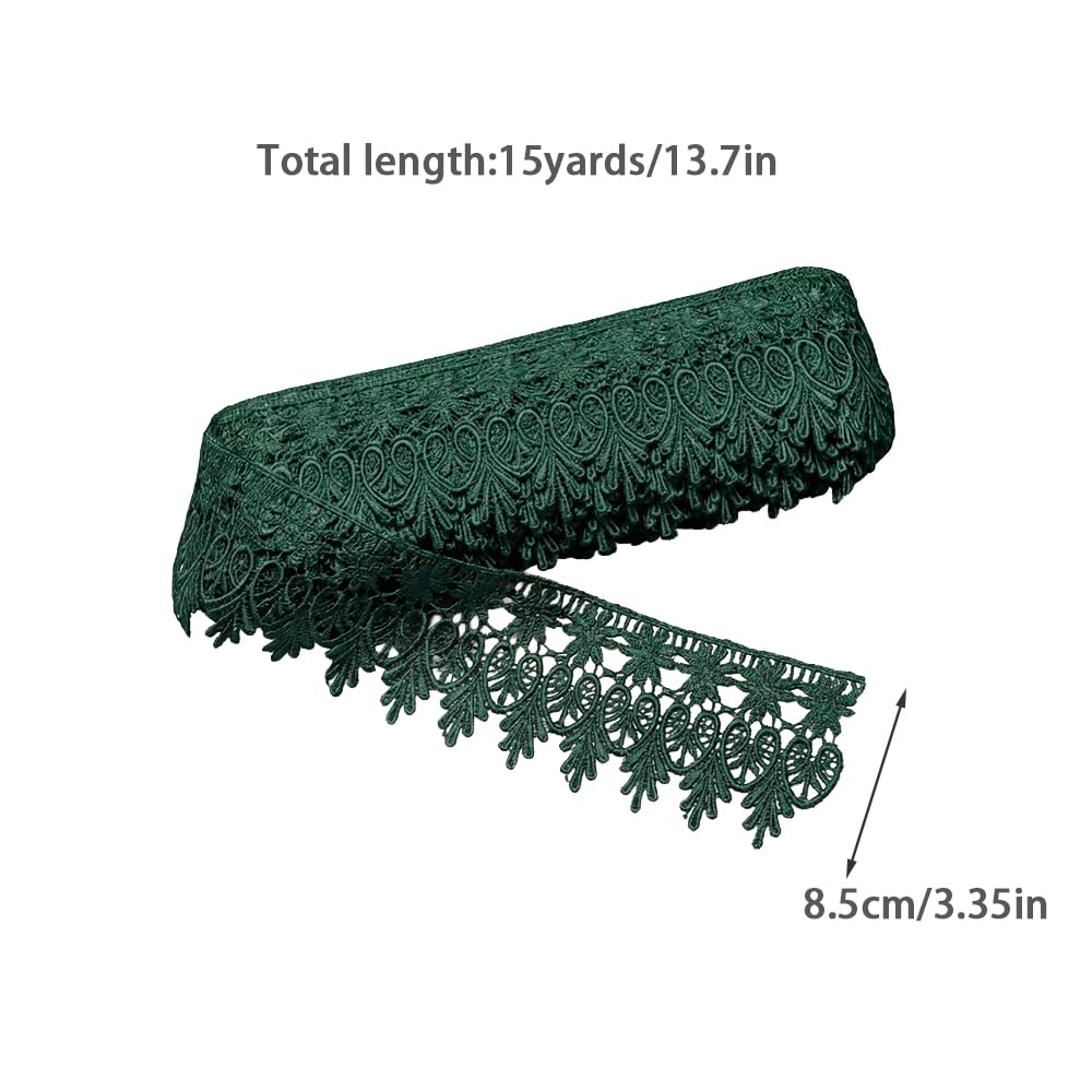 Pocoxll 15 Yards Floral Lace Trim, 8.5CM Wide Lace Ribbon, Embroidered Ribbon Floral Edge Trim for Sewing Crafts, Gift Wrapping and Wedding Decor (Dark Green)