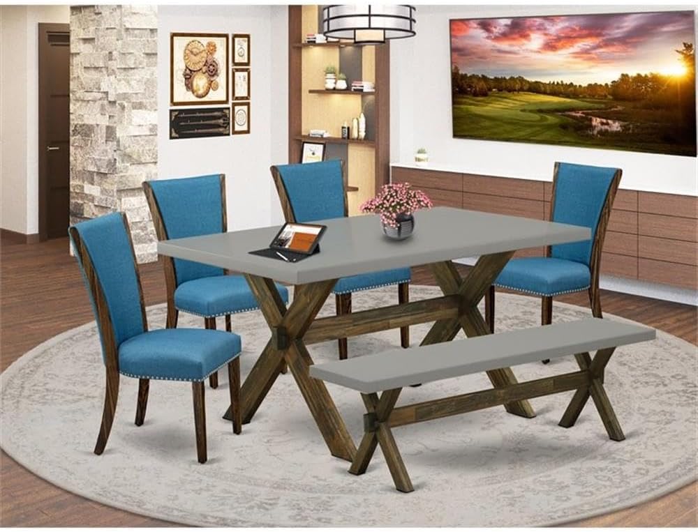 East West Furniture X797VE721-6 6 Piece Dining Table Set Contains a Rectangle Dining Room Table with X-Legs and 4 Blue Color Linen Fabric Parson Chairs with a Bench, 40x72 Inch, Multi-Color