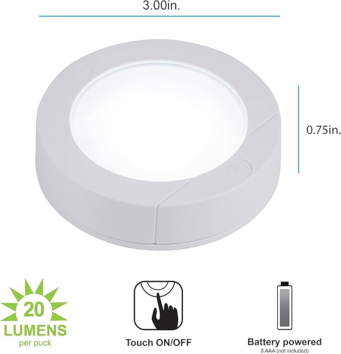 GE Touch Activated LED Puck Lights, 20 Lumens, White, 25434
