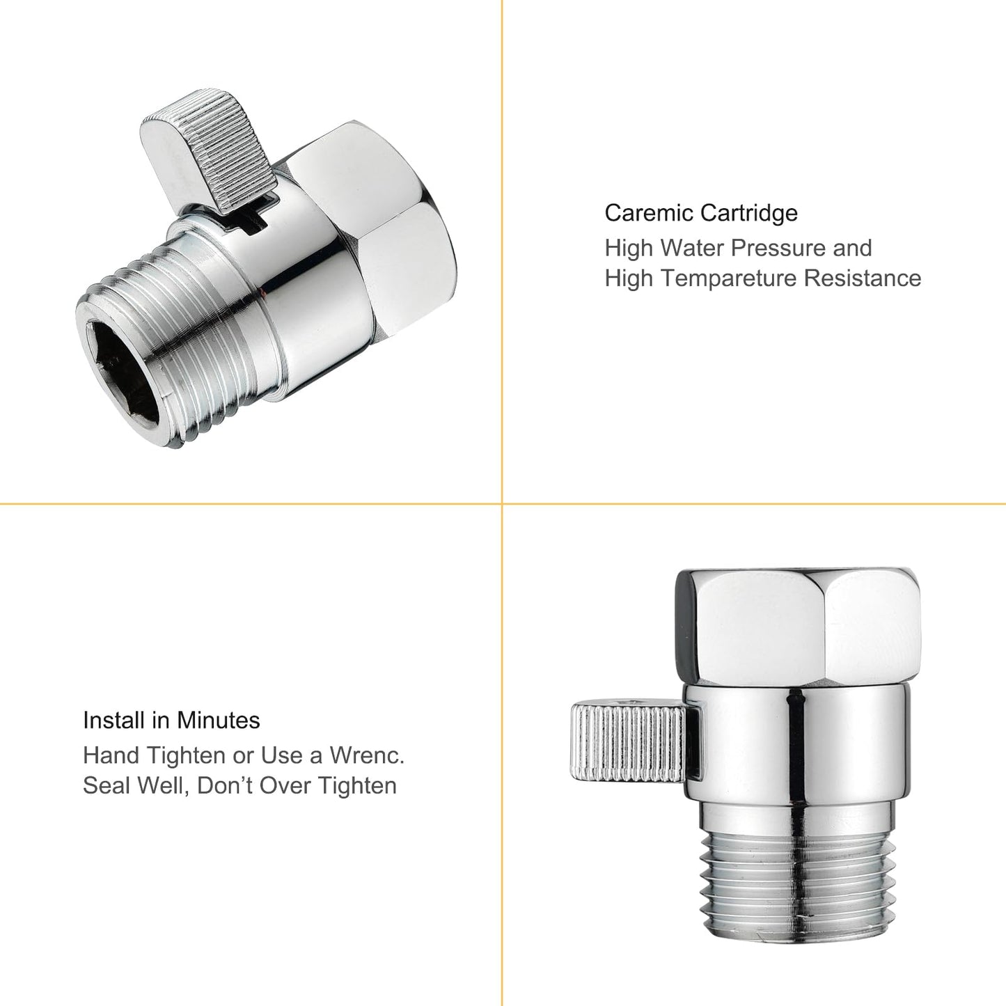Chrome Water Flow Control Valve, G1/2" Shower Head Flow Control Valve, Brass Shut Off Valve for Handheld Shower, Water Pressure Regulator Replacement for Shower System