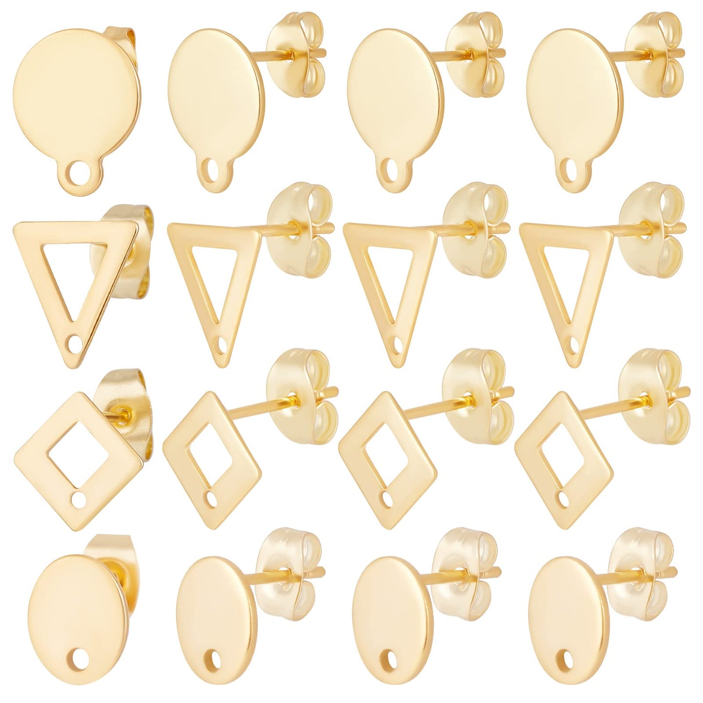 Beebeecraft 1 Box 80Pcs 4 Style 24K Gold Plated Stud Earring Findings Stainless Steel Triangle Oval Rhombus Flat Round Stud Earring Posts with Loop and Ear Nuts for Women Jewelry Making