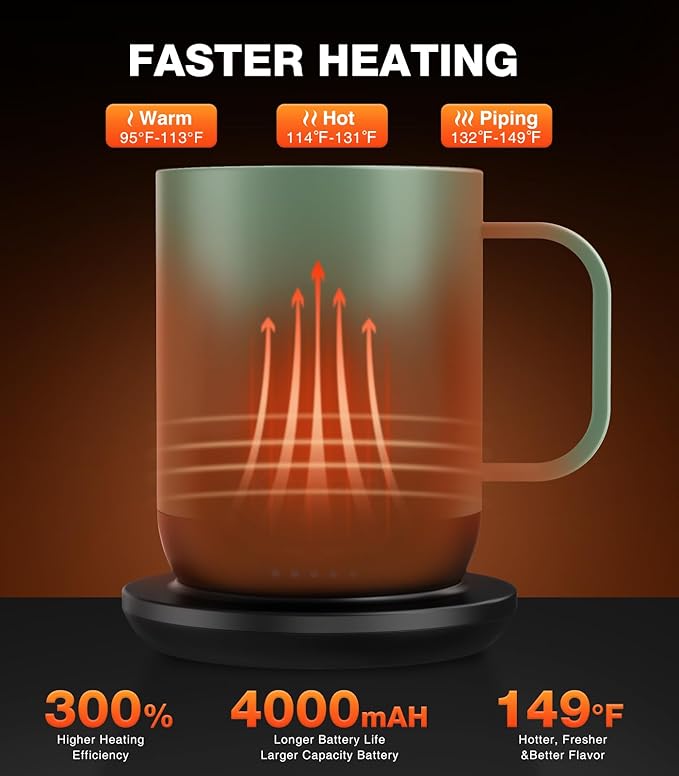 Kepwam Self Heating Coffee Mug T1-16oz Fast Heating & Ultra Long-Lasting Battery Life, Heated Coffee Mug Up to 149℉ - Touch & App Controlled Coffee Mug, Birthday Gifts for Women and Men