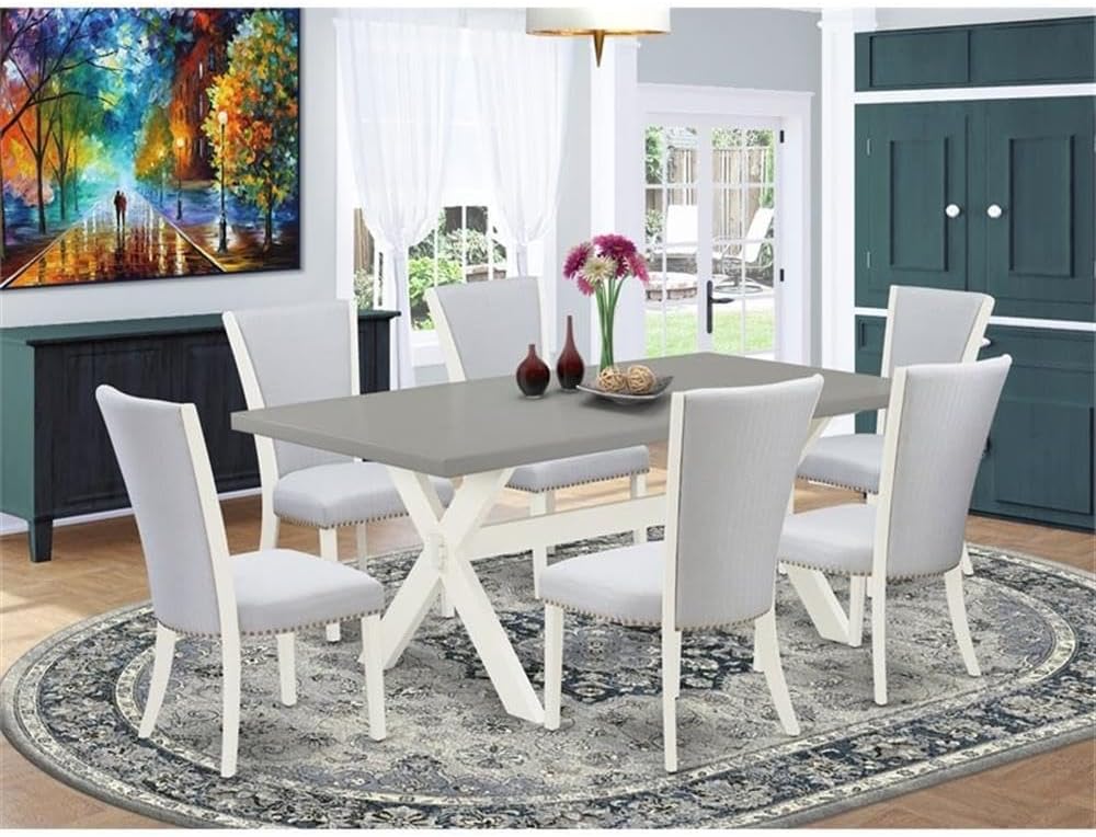 East West Furniture X097VE005-7 7 Piece Kitchen Table & Chairs Set Consist of a Rectangle Dining Room Table with X-Legs and 6 Grey Linen Fabric Upholstered Chairs, 40x72 Inch, Multi-Color