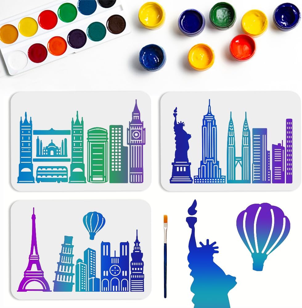 MAYJOYDIY 6pcs Layered City Buildings Stencil 8.3×11.7inch Large City Landmark Building Stencils with Paint Brush Reusable Cityscape Skyline Stencils Template for Wood Canvas Paper Floor Wall
