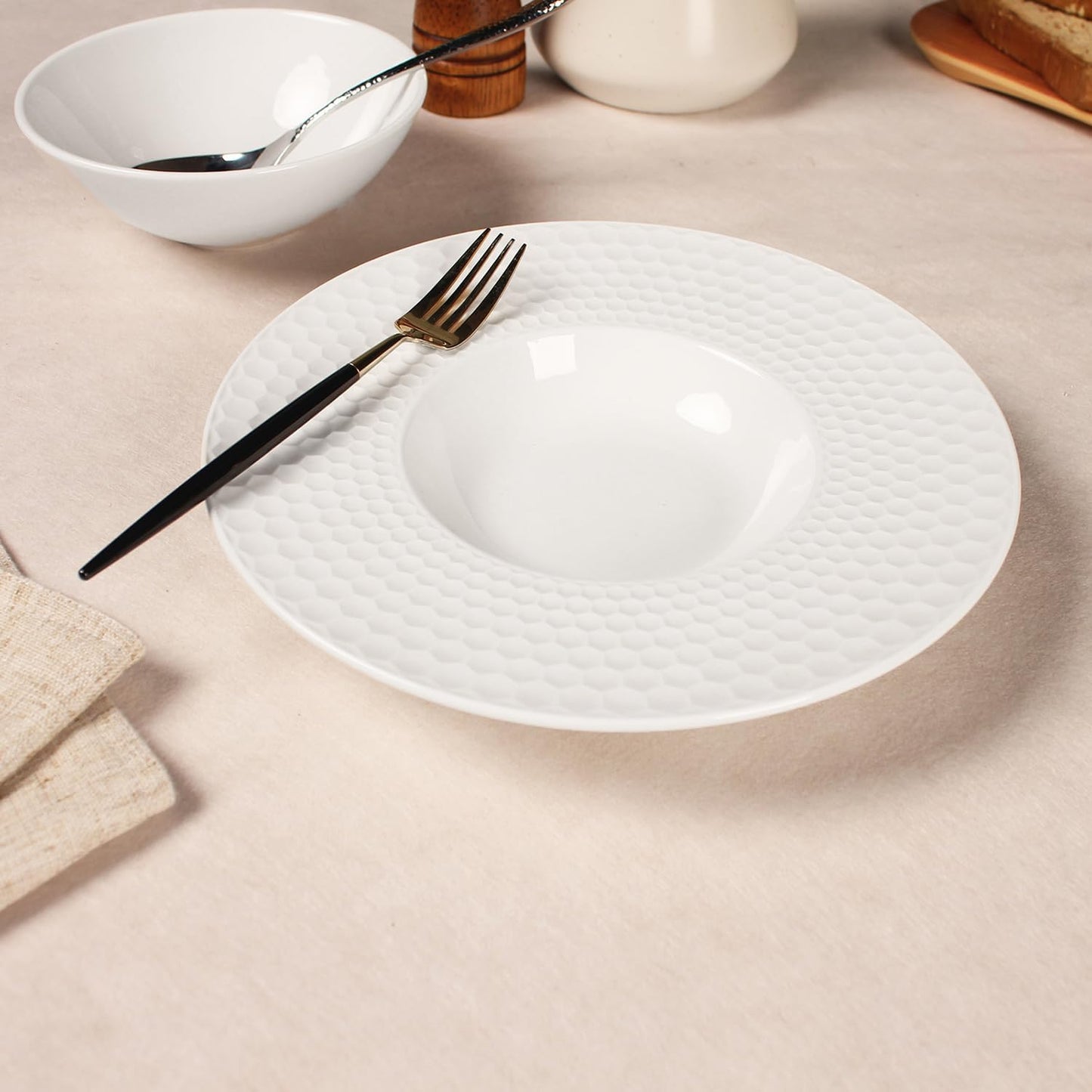 Ceramic Wide Rimmed Soup Plate, Soup Bowl 10.5 oz, Pasta Bowl Set of 4, White Shallow Bowl Plate with Rim, Best choice for high-end restaurants, hotels, and foodies,11 Inch