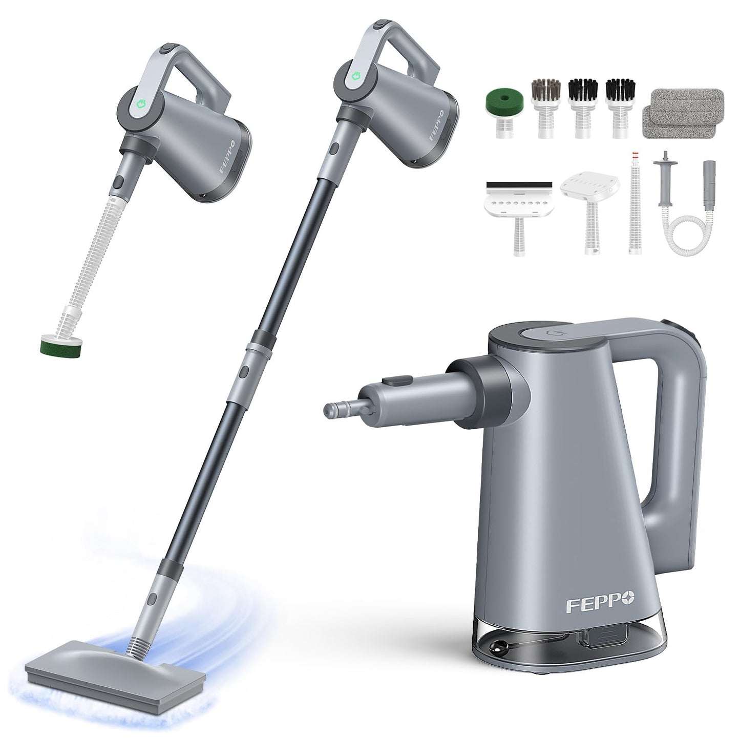 FEPPO Steam Mop with Detachable Handheld Steam Cleaner for Home and Floor Cleaning, 10-in-1 Multi-purpose Attachments & 2 Pads,