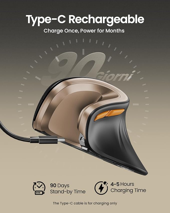 ProtoArc Ergonomic Mouse, EM11 NL Bluetooth Rechargeable Wireless Vertical Mouse, 3 Multi-Device Connectivity for Computer/PC/Laptop, 2.4GHz USB-A Optical Mice for Windows, Mac OS, Black Gold