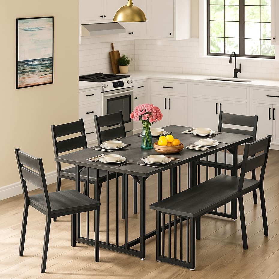 DWVO 63 Inch Dining Table Set for 6-8 People 6-Piece Large Kitchen Table Set with 2 Benches and 4 Chairs Farmhouse Rectangular Dining Room Table for Kitchen Dining Room Apartment Dark Grey