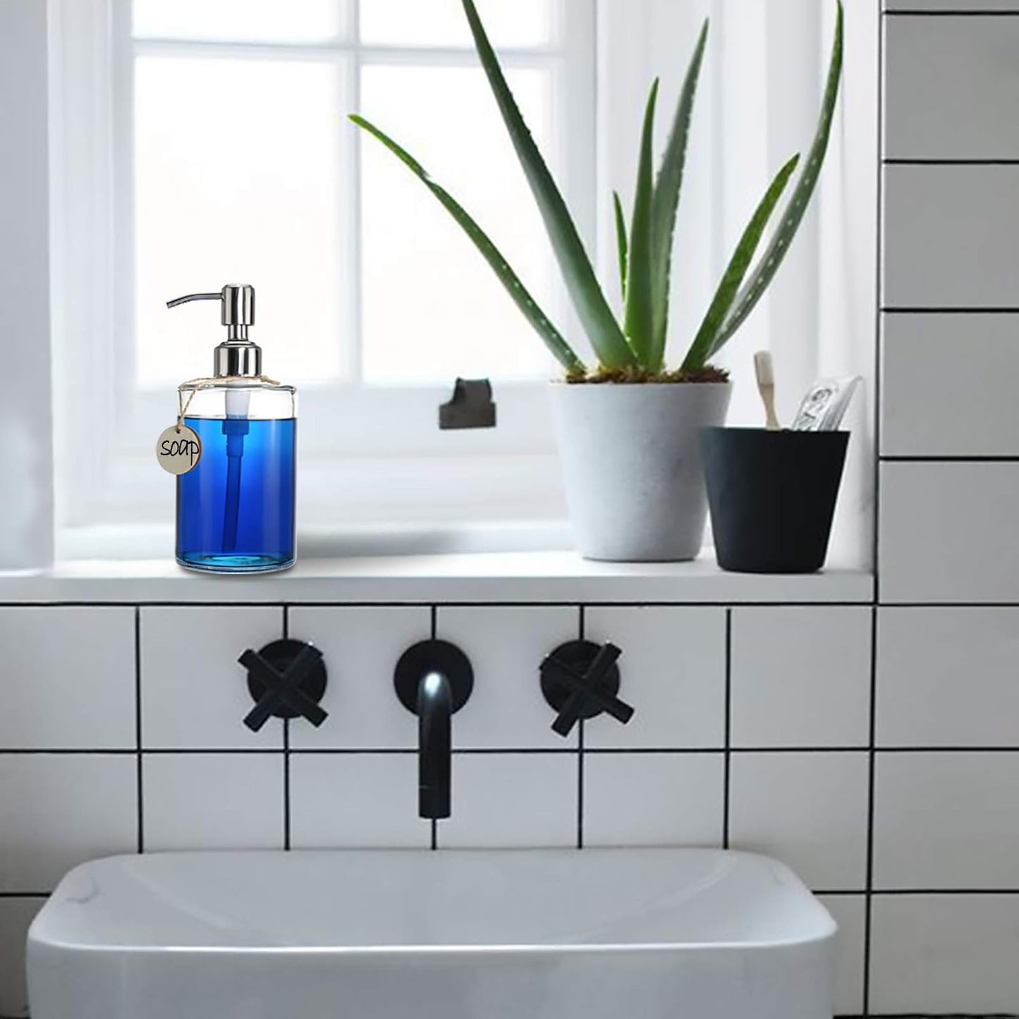 JASAI 16OZ Cylinder Glass Soap Dispenser with Rust Proof Stainless Steel Pump, Refillable Bathroom Soap Dispenser for Hand Soap, Dish Soap, Liquid Soaps and Kitchen (Clear)