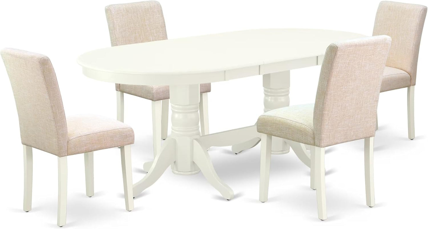 East West Furniture VAAB5-LWH-02 5 Piece Dining Room Table Set Includes an Oval Kitchen Table with Butterfly Leaf and 4 Light Beige Linen Fabric Parsons Chairs, 40x76 Inch, Linen White