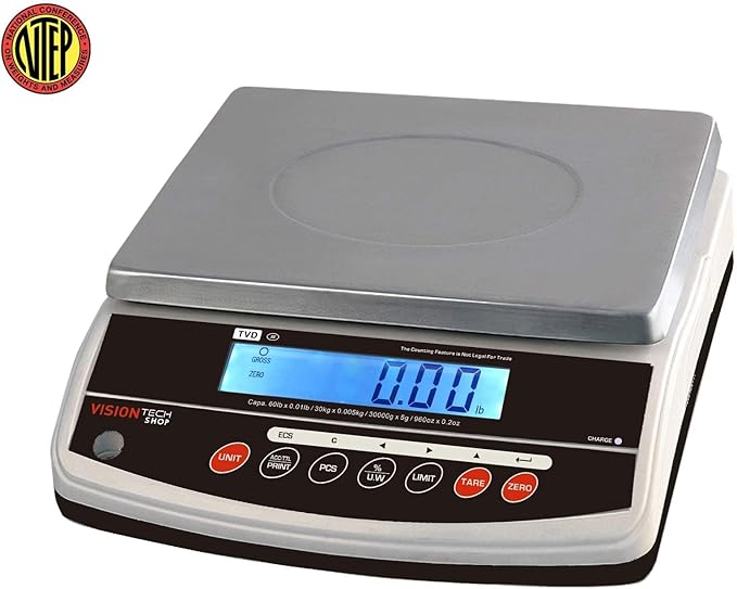 VisionTechShop TVD-60 Digital Bench and Counter Scale, Lb/Oz/Kg/g Switchable, 60lb Capacity, 0.01lb Readability, Counting and Percentage Mode, Single Display, NTEP Legal for Trade, CC# : 20-032