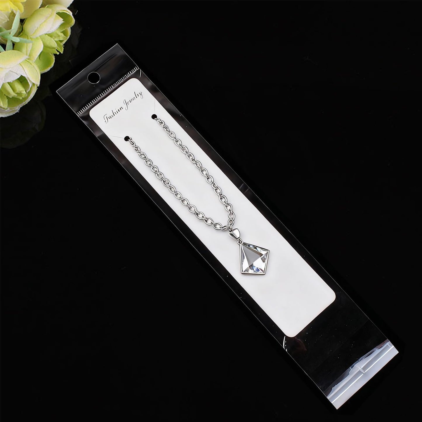 Wzttdm 100 Pcs Necklace Display Card White, 7.5x 1.6 Inch Long Jewelry Holder Cards for Selling, Bracelet Display Cards with Clear Bags for Bracelet Necklace Jewelry Packaging Supplies