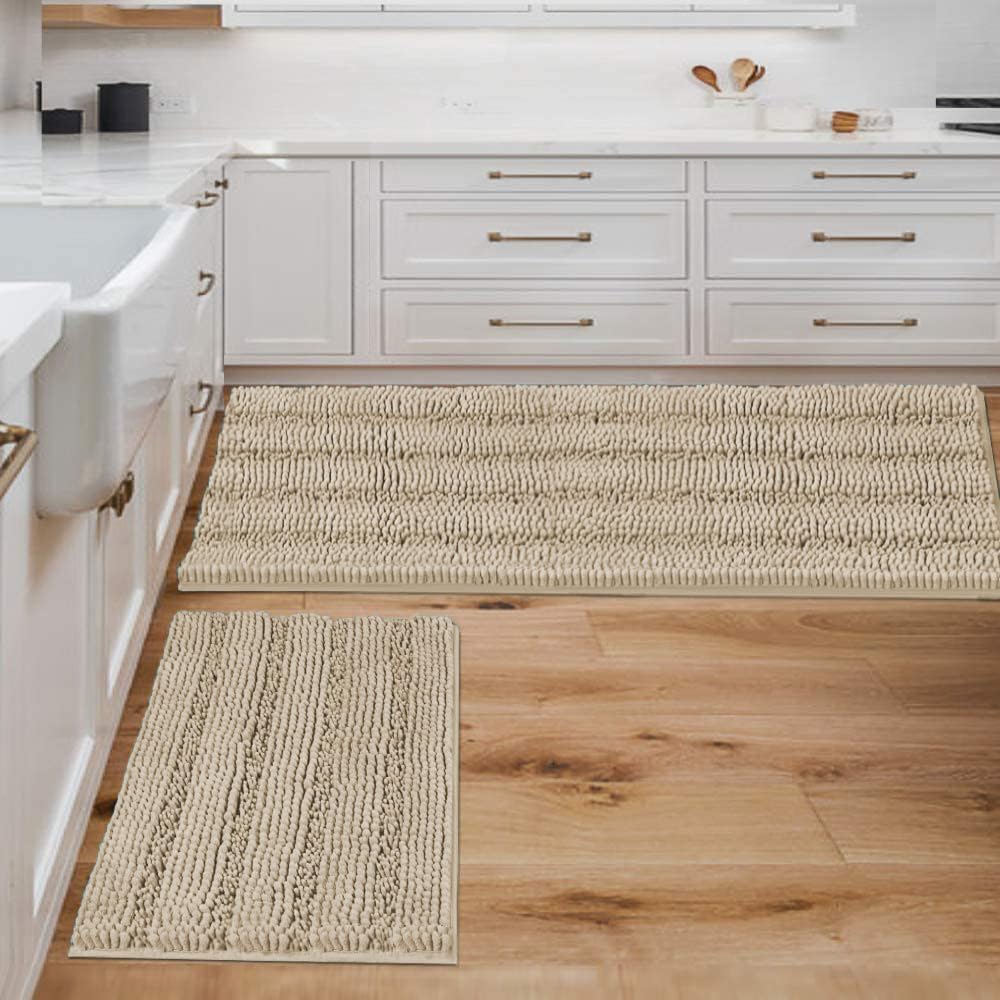 H.VERSAILTEX Bathroom Rug Sets 2 Piece Bath Mats Non Slip Thick Soft Chenille Striped Bath Rug achine Washable Shower Floor Rugs for Tub, Shower and Floor (Fog, 47" x 17"/17" x 24")