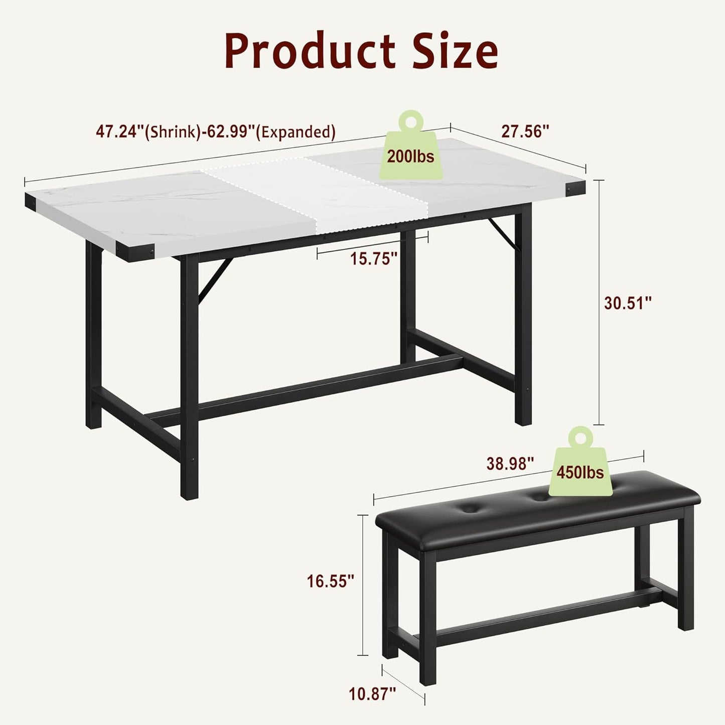 3-Piece Dining Table Set for 4-6 People, Extendable Kitchen Table Set with 2 Upholstered Benches, Dining Room Table Set for Apartment, Kitchen, Living Room, Marble White
