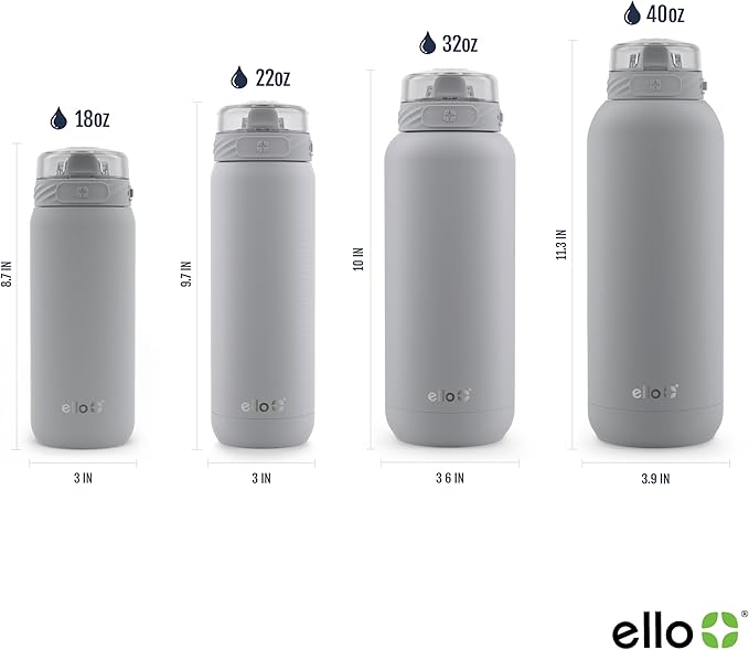 Ello Cooper 22oz Stainless Steel Water Bottle with Straw and Carry Handle, Double Walled and Vacuum Insulated Metal, Leak Proof Locking Lid with Soft Silicone Spout, Reusable, BPA Free, Grey